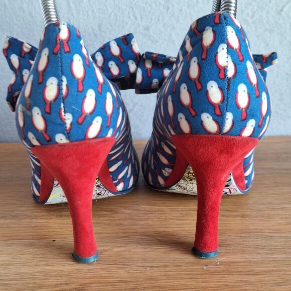 Irregular Choice Women 40 US 9 Canvas Bird Mary Jane Bow Retro Pinup Heels Pumps - Picture 5 of 16
